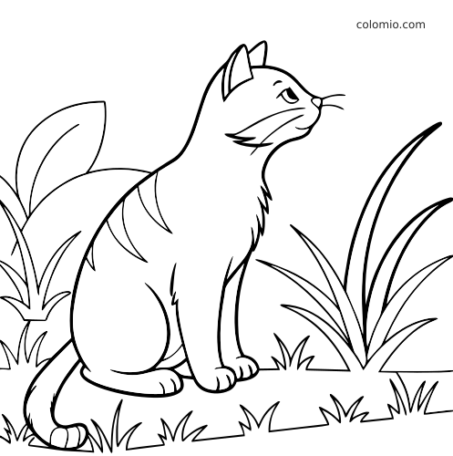Un chat de ferme assis bien droit au milieu de hautes herbes et de feuilles, en dessin au trait noir et blanc.