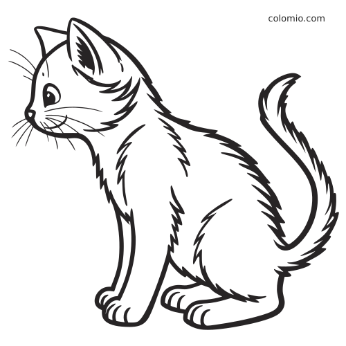 Un chat de ferme au pelage touffu, vu de profil, avec la queue recourbée, dessiné en contours noirs épais.