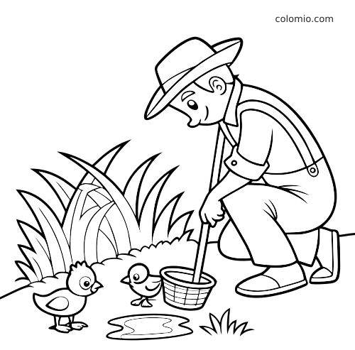 Un fermier agenouillé tient un panier près de deux poussins, avec de l’herbe et une petite flaque dans une scène de ferme.