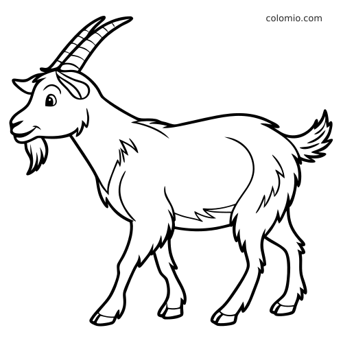 En tecknad bock med böjda horn, skägg och lurvig päls i enkel sidovy som konturbild för färgläggning.