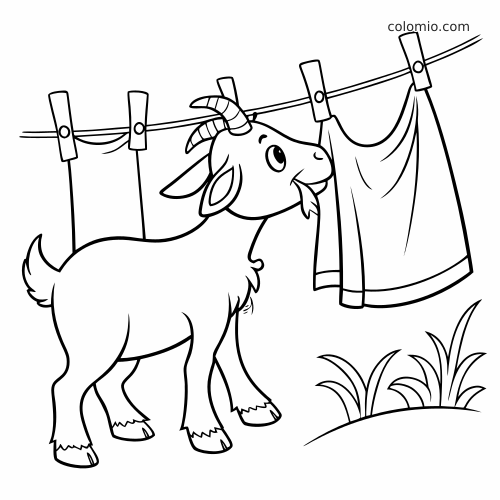 En tecknad get står under en tvättlina och tuggar på en handduk i en enkel svartvit konturbild.