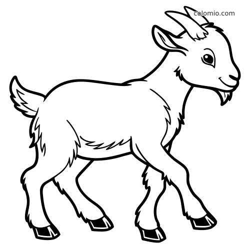 En fluffig killing i sidovy med små horn och skägg, avbildad gående i svartvita konturer.