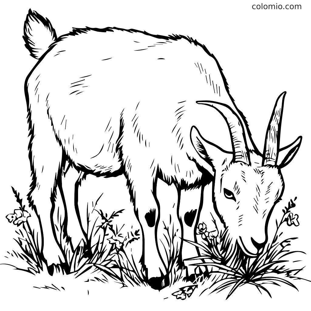 A black and white outline of a goat grazing in a field with flowers, perfect for coloring.