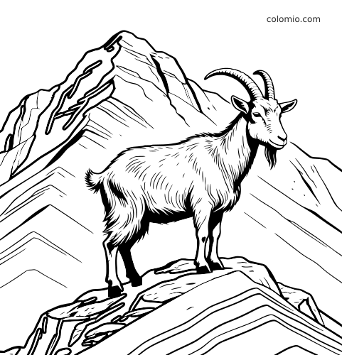 En detaljerad svartvit teckning av en stenbock som står på en klippig bergsrygg med höga bergssluttningar i bakgrunden.