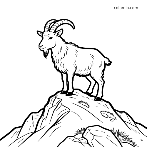 En bergsget med böjda horn står på en klippig bergstopp i enkel svartvit linjeteckning.