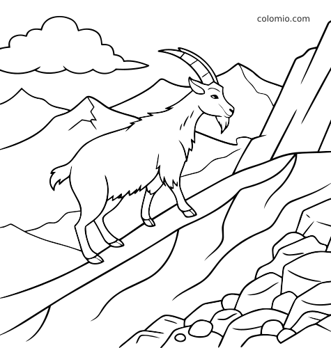 En enkel linjeteckning av en stenbock som går på en brant stenig bergsstig, med berg och ett moln i bakgrunden.