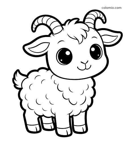 En kawaii-get med stora runda ögon, böjda horn och fluffig ull står i enkel tecknad stil.