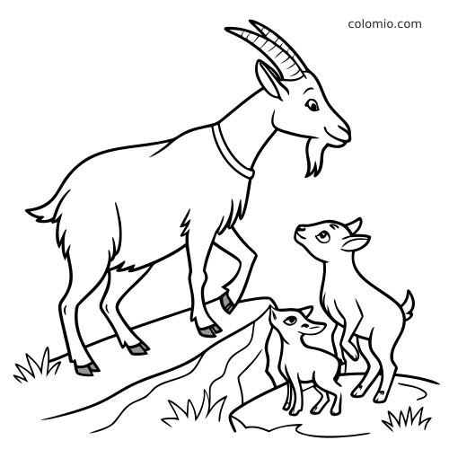 En getmamma med böjda horn står på en kulle bredvid två killingar i en enkel svartvit linjeteckning.