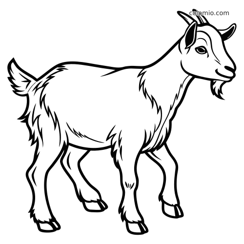 En detaljerad konturteckning av en dvärgget i sidovy med raggig päls, korta horn och ett framben lyft.