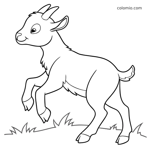 En enkel svartvit konturteckning av en killing som leker med ena frambenet lyft och står på gräs.