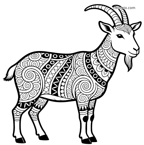 Svartvit sidovy av en detaljerad get med långa böjda horn och intrikata virvelmönster över hela kroppen.