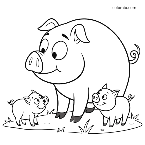 En tecknad grisfamilj med en stor vuxen gris och två små kultingar som står tillsammans på gräs.