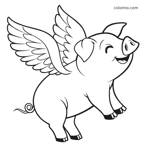 Un cochon de dessin animé avec de grandes ailes plumeuses, souriant, représenté en train de voler en noir et blanc.