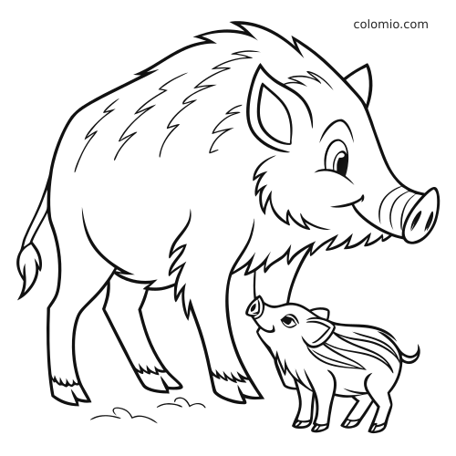 Un sanglier en dessin noir et blanc sourit tandis qu’un petit marcassin le regarde à côté de lui.