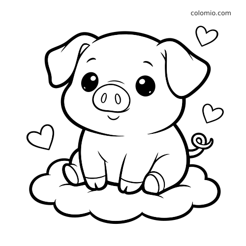 Un cochon kawaii aux grands yeux est assis sur un nuage moelleux, entouré de petits cœurs, dans un style cartoon simple.