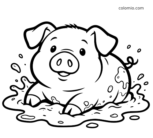 Un cochon rond est assis dans une flaque de boue, vu de face, avec des éclaboussures sur le corps et autour de lui.