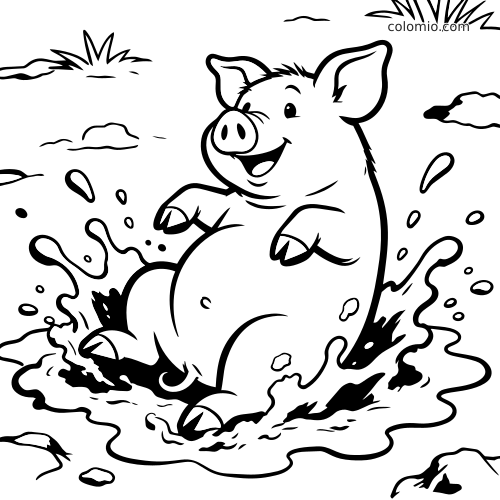 Un cochon souriant de style dessin animé est assis dans une flaque de boue et éclabousse autour de lui avec ses sabots levés.