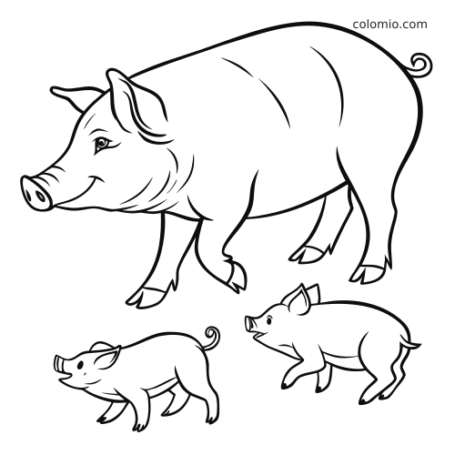 Dessin en noir et blanc d’un grand cochon avec deux porcelets en dessous, dans un style simple d’animal de ferme.