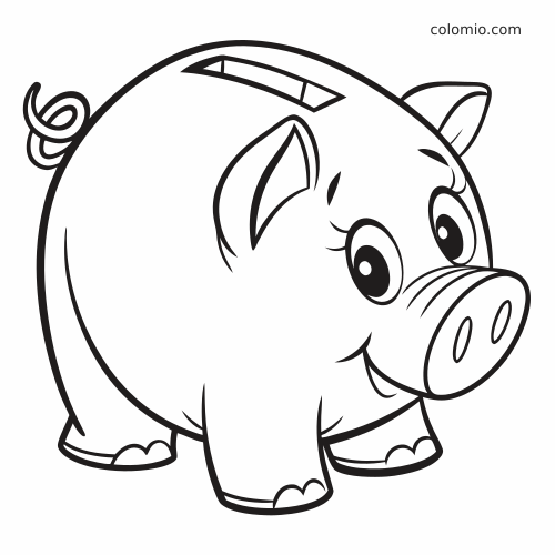 Une tirelire en forme de cochon cartoon avec de grands yeux, une fente sur le dos et des contours épais à colorier.