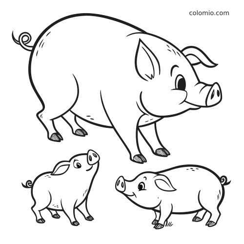 Une famille de cochons en contour simple, avec un grand cochon au-dessus de deux porcelets, en style dessin animé.