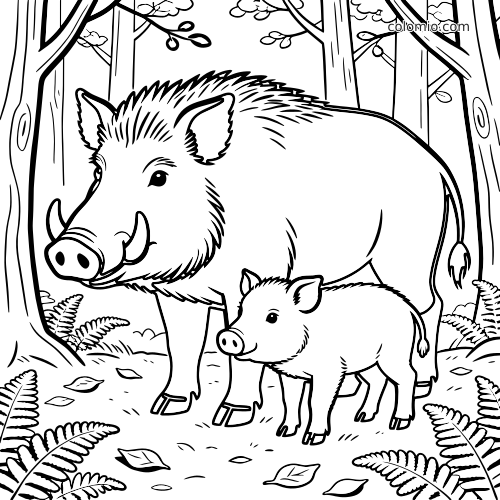 Un sanglier se tient dans une forêt avec son marcassin à côté, dessiné en noir et blanc dans un style simple.