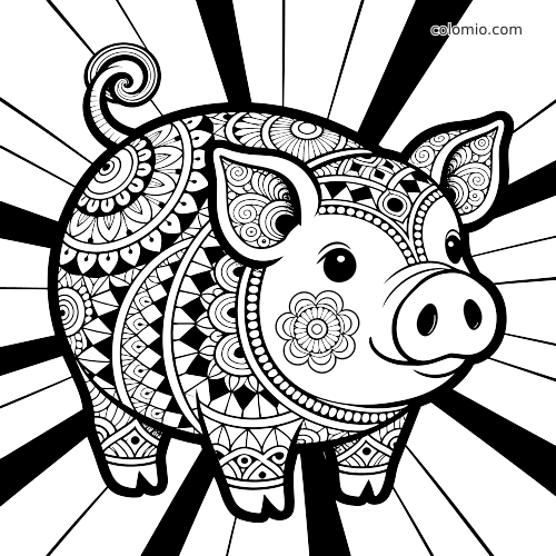 Un cochon vu de face, décoré de motifs zentangle très denses, devant un fond en rayons contrastés.