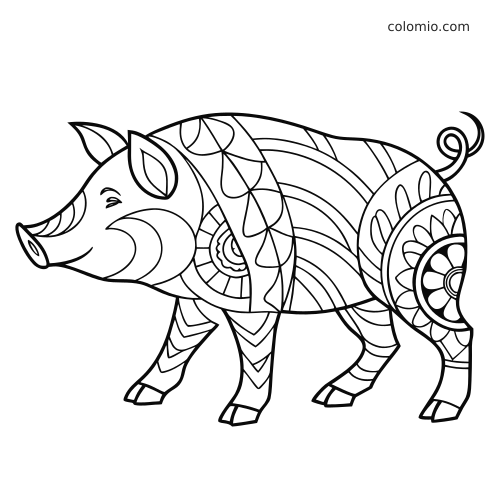 Un cochon vu de profil, rempli de motifs zentangle simples avec des bandes courbes, des formes florales et une queue enroulée.