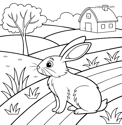 Un lapin est assis dans des champs labourés, avec une grange, un arbre et des touffes d’herbe dans un dessin en noir et blanc.