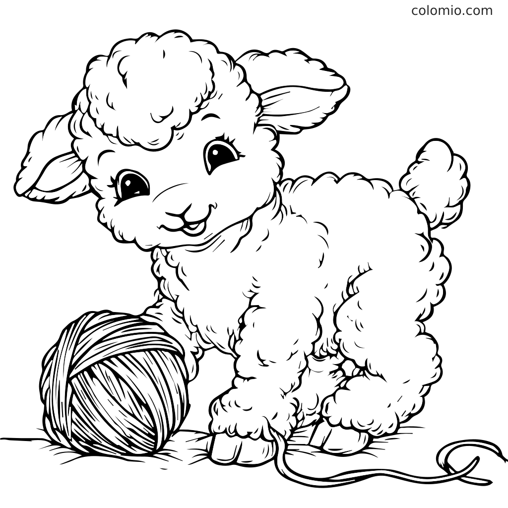 Schattige lam met garen kleurplaat voor kinderen Een speels lam met pluizige wol speelt met een bol garen, perfect om in te kleuren.