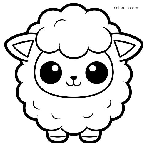 Edestä kuvattu kawaii-lammas, jolla on pörröinen villa, suuret pyöreät silmät ja selkeät paksut ääriviivat.