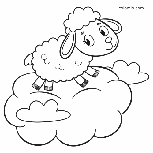 Yksinkertaisella ääriviivalla piirretty kawaii-lammas, jolla on pörröinen villa ja suuret silmät, seisoo ison pilven päällä.