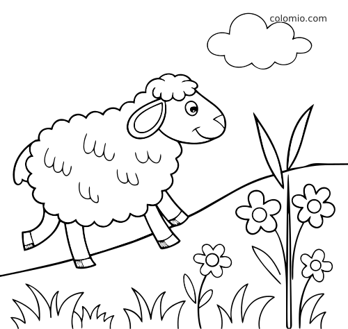 Un mouton au style dessin animé avec une laine bouclée se tient sur une colline herbeuse, près de fleurs, sous un nuage.