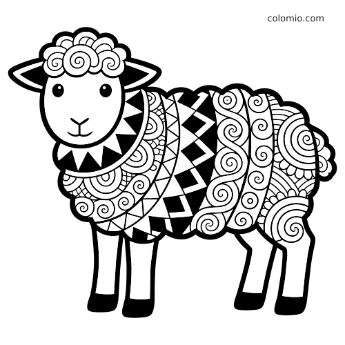 Mustavalkoinen zentangle-lammas, jossa on kihara villa, geometrisia kuvioita vartalossa ja yksinkertaiset kasvot.