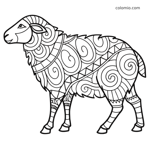 Mustavalkoinen zentangle-lammas sivuprofiilissa, villassa pyörrekuvioita, jaloissa raitoja ja koristeellisia geometrisia yksityiskohtia.