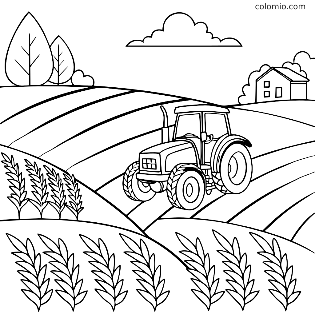 Een tractor rijdt over gestreepte akkers met aren, bomen, een huis en een wolk op de achtergrond.