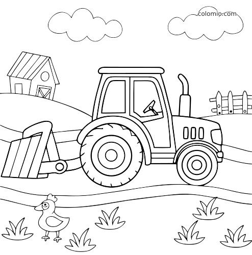 Un coloriage simple montrant un tracteur avec godet avant, un poussin, une grange, une clôture, des nuages et de l’herbe.