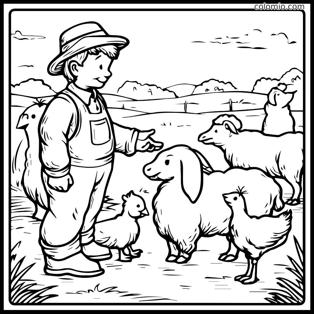 Un jeune fermier interagissant avec une chèvre, des moutons et des poules dans un cadre de ferme, parfait pour colorier.