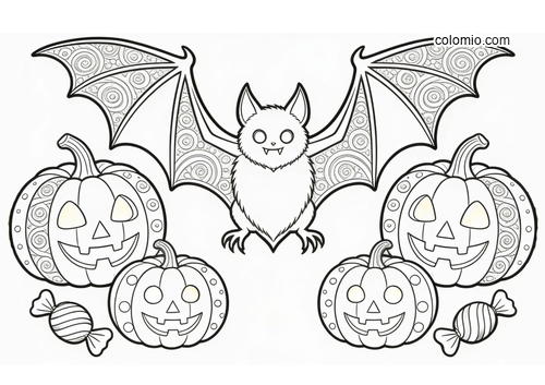 En fladdermus med utbredda vingar ovanför flera halloweenpumpor och två inslagna godisar i ett detaljerat motiv.