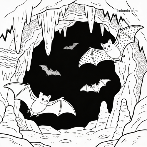 Svartvit målarbild av flera fladdermöss som flyger i en grotta bland stalaktiter och klippformationer.