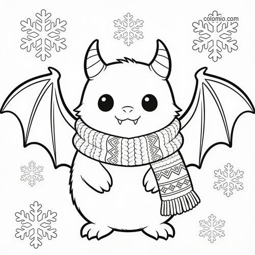 En tecknad fladdermus med stora ögon, utbredda vingar och en stickad halsduk, omgiven av snöflingor i svartvitt.