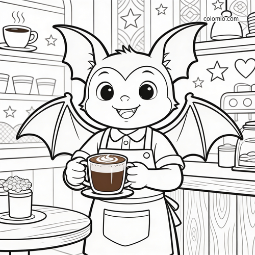 En tecknad fladdermusbarista i förkläde håller en kopp kakao på ett fat i ett mysigt kafé, i enkel svartvit linjeteckning.