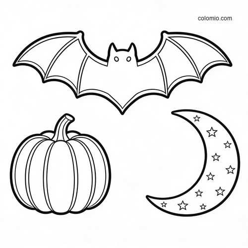 En enkel svartvit halloweenbild med en fladdermus, en pumpa och en halvmåne dekorerad med stjärnor.