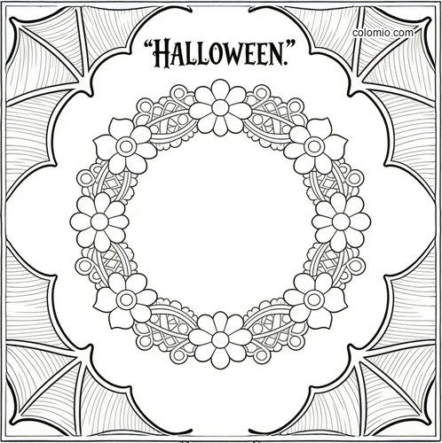 Svartvit Halloween-målarbild med ordet Halloween, en blomsterkrans i mitten och hörn med fladdermusvingeliknande spindelnät.