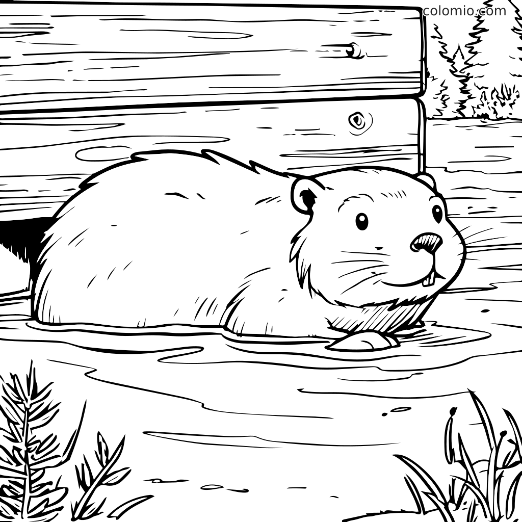 En bæver, der hviler ved vandkanten nær en træstruktur, ideel til farvelægning.