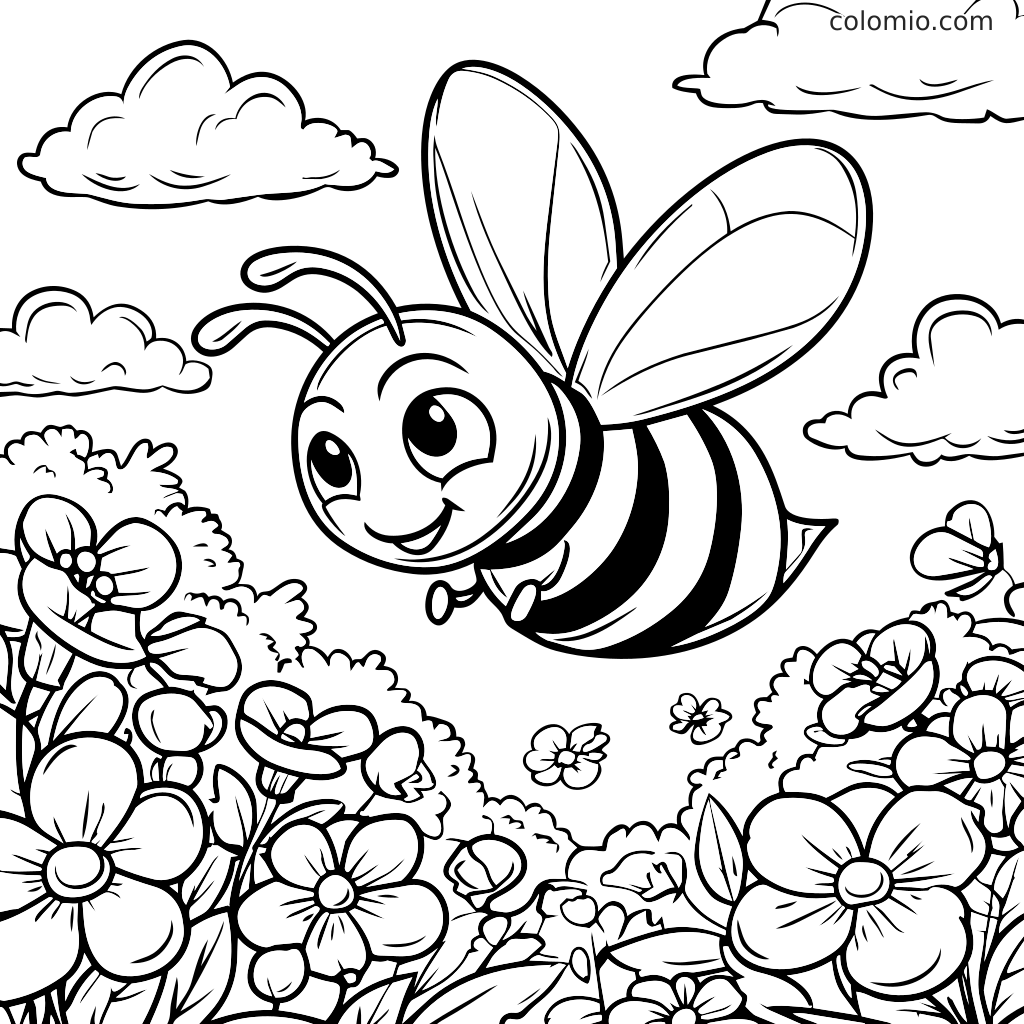 A happy bee with big eyes flying over a field of flowers and clouds in a coloring page.