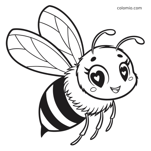 En bi i chibi-stil med hjerteformede øjne, rund krop, lodden krave, store vinger og et enkelt tegneserieudtryk.