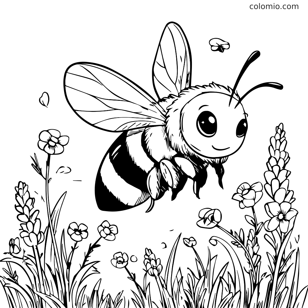 Ape carina che vola sopra fiori colorati pagina da colorare Un'ape cartone animato allegra che vola sopra vari fiori in un giardino, perfetta per i bambini da colorare.