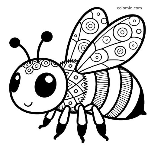 En enkel zentangle-bi med store øjne, mønstrede vinger og stribet krop i sort-hvid stregtegning.
