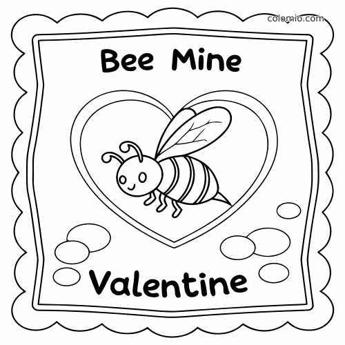 En enkel valentinskort-tegning med en smilende bi inde i et stort hjerte og teksten Bee Mine Valentine.