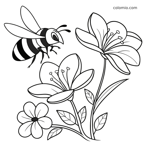 En enkel tegnet bi flyver ved tre blomster i en sort-hvid havescene med tydelige kronblade og blade.